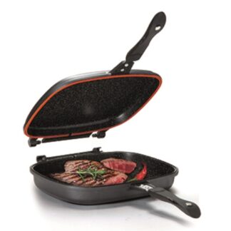 המחבת הכפולה שאנחנו כל כך אוהבים עכשיו בגרסה גדולה יותר ומשודרגת  תכונות המוצר: משטח רב-שימושי חלק \ פסים ציפוי נון סטיק מונע הדבקות המזון אטומה ועמידה, לבישול במינימום עשן וריחות! מעולה להכנת בשר, דגים, פשטידות, אומלטים ועוד יתרונות בולטים גדולה במיוחד 36 ס"מ מגרעת לניקוז שאריות שמן ונוזלים מתאימה למגוון סוגי כיריים – גז, חשמל, קרמי