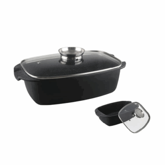 סיר החמין שמשאיר מלא מקום על הפלטה  סיר מלבני לבישול ארוך מתאים מאוד להכנת חמין צלי ושאר תבשילי קדרה  תכונות המוצר: מידה: 39X22X10.8 ס"מ  נפח: כ-7.7 ליטר  כלי הבישול מיוצרים מאלומיניום טהור בתהליך יציקה רב שכבתי חלוקת חום שווה ויעילה – לבישול מיטבי וחסכון בזמן ואנרגיה בטוחים לשימוש עם ציפוי נון סטיק מונע הידבקות המזון מאפשר בישול בריא מופחת בשמן מתאים לכל סוגי הכיריים: גז, חשמל, קרמי, הלוגן ואינדוקציה. מתאימים לשימוש בתנור הגוף עד 260 מעלות(המכסה עד לטמפרטורה של 150 מעלות) מכסה חסין חום מזכוכית שקופה עם חריר לשחרור האדים. טבעת מתכת במכסה מבטיחה אטימה טובה ושומרת על הציפוי. מתאים לשטיפה במדיח הכלים – אך שטיפה ידנית מומלצת. קל לניקוי בשטיפה ידנית 3 שנות אחריות יבואן רשמי בשימוש נכון.