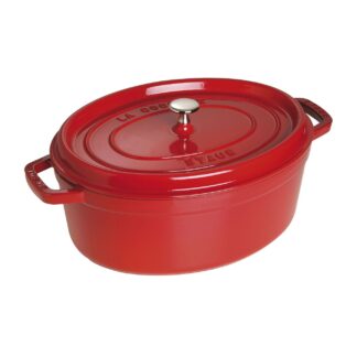 סיר אובלי מבית שטאוב גרמניה בצבע אדום עז, בנפח 8 ליטר אידיאלי להכנת קדירות חמין ותבשילים בבישול ארוך