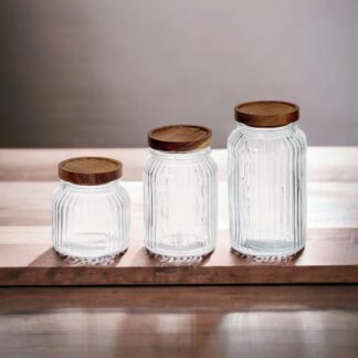 מארז 3 צנצנות זכוכית בעיצוב כפרי עם מכסה עץ מושלם גדלים שונים