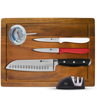 מארז בישול הכולל 3 סכינים, קרש חיתוך עץ שיטה איכותי, משחיז סכינים, מדחום דקר לבשר