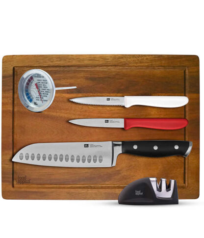 מארז בישול הכולל 3 סכינים, קרש חיתוך עץ שיטה איכותי, משחיז סכינים, מדחום דקר לבשר