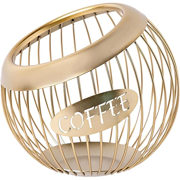 סלסלה מוזהבת עם סימן קפה מושלמת לאחסון קפסולות אספרסו איכותית וחזקה במיוחד משתלבת נהדר עם עיצוב המטבח