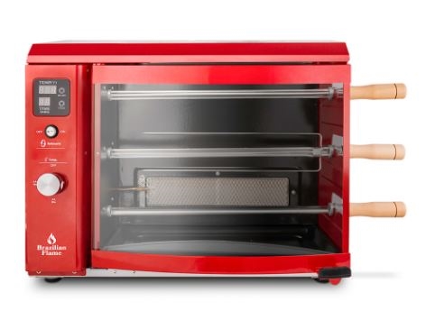 מנגל ברזילאי אדום על גז עם מערכת שיפודים מסתובבת גריל ברזילאי אדום עם מערכת שיפודים מסתובבת