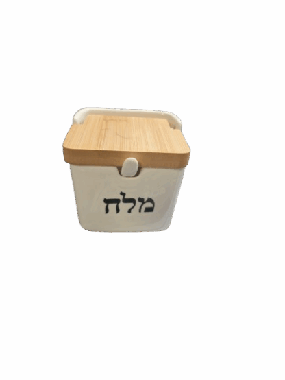 מיכל קרמיקה למלח עם כפית ומכסה במבוק