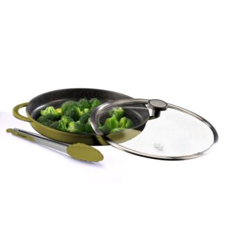 פלטת גריל עגולה עם מכסה זכוכית 30 ס"מ + מלקחיים BLACK MARBLE ירוק מבית Food appeal