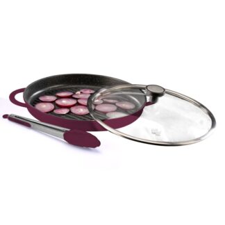 פלטת גריל עגולה עם מכסה זכוכית 30 ס"מ + מלקחיים BLACK MARBLE בורדו מבית Food appeal