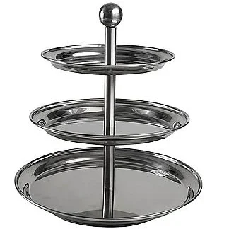 מעמד נירוסטה לתצוגה  מידות: גובה 33 ס"מ, מגש תחתון: 30 ס"מ, מגש אמצעי 25 ס"מ, מגש עליון: 20 ס"מ  מתקן אחסון ותצוגה מושלם לעוגות מאפים ולחמים  מושלם לתצוגת בופה להגשת סושי, מתאבנים פירות ירקות חתוכים ועוד 