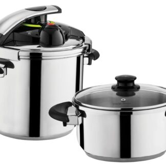 סיר לחץ מומלץ ובמצע מטורף ! האיכות ארקוסטיל המחיר מדהים ! סט סירי לחץ מסדרת ג’ניוס הכולל: סיר לחץ נירוסטה 4 ליטר סיר לחץ נירוסטה 4 ליטר מכסה זכוכית מתאים לשני הסירים מכסה סיר לחץ ג'יניוס המתאים לשני הסירים. תכונות המוצר: מתג פתיחה + שסתום בישול 3 מנגנוני ביטחון המבטיחים בטיחות מירבית תחתית עבה במיוחד, בעלת 3 שכבות: 2 שכבות נירוסטה ושכבת אלומיניום ידיות “קרות” ונוחות לאחיזה מבקליט מתאים לשימוש בכל סוגי הכיריים – כולל אינדוקציה ניתן לשטיפה במדיח כלים – ללא מכסה קל ופשוט להפעלה עומד בדרישות התקן הגרמני, האירופאי והישראלי