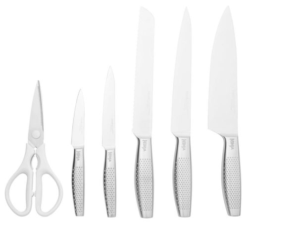 ערכת 6 סכינים עם מתקן אחסון ומשחיז מובנה - White NINJA StaySharp