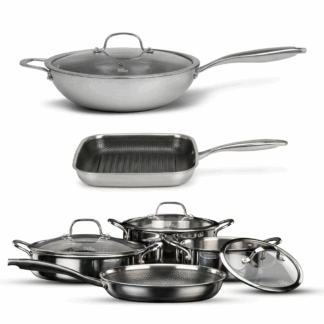 ליהנות מכל העולמות עם סירים ומחבתות היברידיים. סירים ומחבתות ייחודיים המאפשרים ליהנות מהיתרונות של כלי בישול מנירוסטה יחד עם היתרונות של סירים ומחבתות נון סטיק. הסט כולל: סיר 20 ס"מ, 2.5 ליטר סיר 24 ס"מ, 4.7 ליטר סוטאז' 28 ס"מ, 4 ליטר מחבת 24 ס"מ ווק 30 ס"מ + מכסה  מחבת פסים 28 ס"מ  תכונות המוצר: סימני צריבה איכותיים על ירקות ובשרים. ידיות ארגונומיות נוחות למגע בישול מזון בקלות בטמפרטורה מושלמת בישול וטיגון בריא יותר על ידי שימוש מועט בשמן או חמאה בטוח לכלי מתכת – ניתן השתמש במרית מתכת, בסכינים, במזלגות מבלי לגרד את משטח הבישול ניקוי פשוט ומהיר ניתן לשימוש בתנור  - ללא מכסה 260 מעלות עם מכסה 200 מעלות