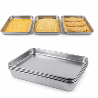 ככה מכינים היום שניצל ! סט פרקטי המורכב מ-3 מגשיםלמרכיבי השניצלי: הראשון לביצה טרופה, השני לפירורי לחם ו/או קמח, השלישי לשניצלים שעברו את התהליך ומוכן לטיגון הודות לעיצוב הקומפקטי שלו, ניתן לערום את המוצר בקלות ולאחסן כמעט בכל מקום  מה שמבטיח פונקציונליות מרבית על מדפי המזווה ובמקרר. אפשר להגיש עם המגשים כמעט כל דבר וכן לא טעיתם זה מזכיר את מגשי ההמבורגר במסעדות השוות. אפשר להשתמש במיכלים בתנור לחמם או להפשיר מזון. עשוי מאלומיניום איכותי עמיד לשטיפה במדיח הכלים חזק במיוחד מתאים לשימוש במסעדות חדרי אוכל ובתי קפה ניתן לשטוף אותם ביד או במדיח כלים. מידת כל מגש: 33X23X2.5 ס"מ נערם ניתן לאחסון בנוחות מירבית