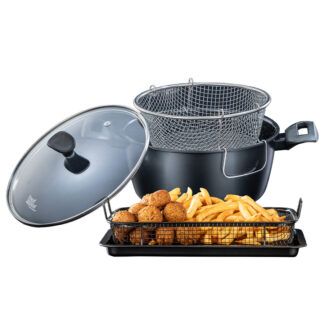  סט בישול 5 חלקים לטיגון מהיר יעיל ונוח הכולל: סיר טיגון 24 ס"מ סל רשת מתכת לטיגון  קריספר 32 ס"מ מבית תכונות המוצר:  מתאים לכל סוגי הכיריים כולל אינדוקציה  ציפוי נון סטיק איכותי  ידיות ארגונומיות שאינן מתחממות ומתאימות לניוד והחזקה בטיחותיים  מכסה זכוכית המאפשר שימוש בסיר גם כסיר רגיל למבחר שימושים שונים.